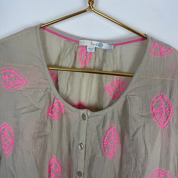 Boden Embroidered Semi Sheer Long Sleeve  Botton Down Top Tan Pink Sz US 14 L - Picture 9 of 10